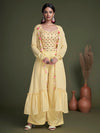 Yellow Koti Style Silk and Georgette Embroidered Palazo Suit