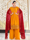 Mustard Yellow and Red Real Georgette Gharara Suit