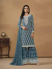 Sea Blue Georgette Embroidered Palazo Suit