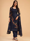 Navy Blue Georgette Embroidered Pant Style Suit