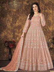 Dusty Peach Butterfly Net Embroidered Anarkali Suit