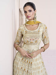 Cream Georgette and Chinon Silk Gown Style Party Wear Suit