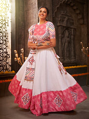 White and Pink Jaquard Cotton Embroidered Designer Lehenga