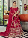 Coral Red Georgette Embroidered Designer Lehenga