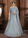 Sky Blue Soft Net Heavy Embroidered Lehenga - myracouture