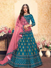 Sky Blue Satin Embroidered Lehenga - myracouture