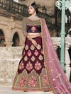 Wine Taffeta Embroidered Lehenga - myracouture