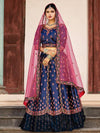 Navy Blue Satin Embroidered Lehenga - myracouture