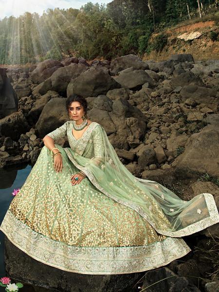 Pastel Green Jacquard Lehenga Set With Embroidered Blouse And Dupatta -  Hijab Online