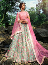 Pink and Light Green Embroidered Net Lehenga - myracouture