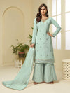 Aqua Blue Georgette Embroidered Palazzo Suit - myracouture