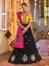 Black and Mustard Yellow Maslin Cotton Embroidered Navratri Special Lehenga