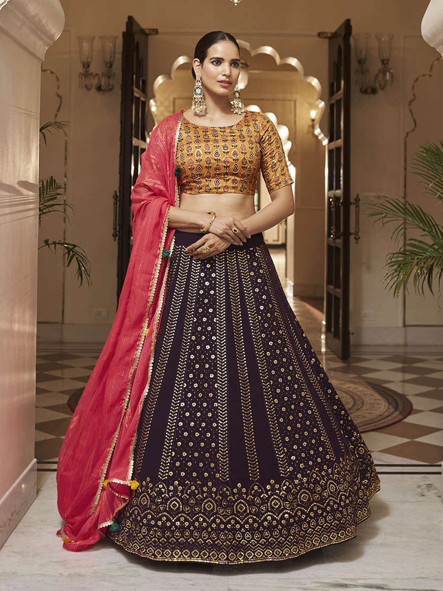 CARROUSEL - VIOLET AND YELLOW EMBELLISHED HALF LEHENGA SET – Papa Don't  Preach