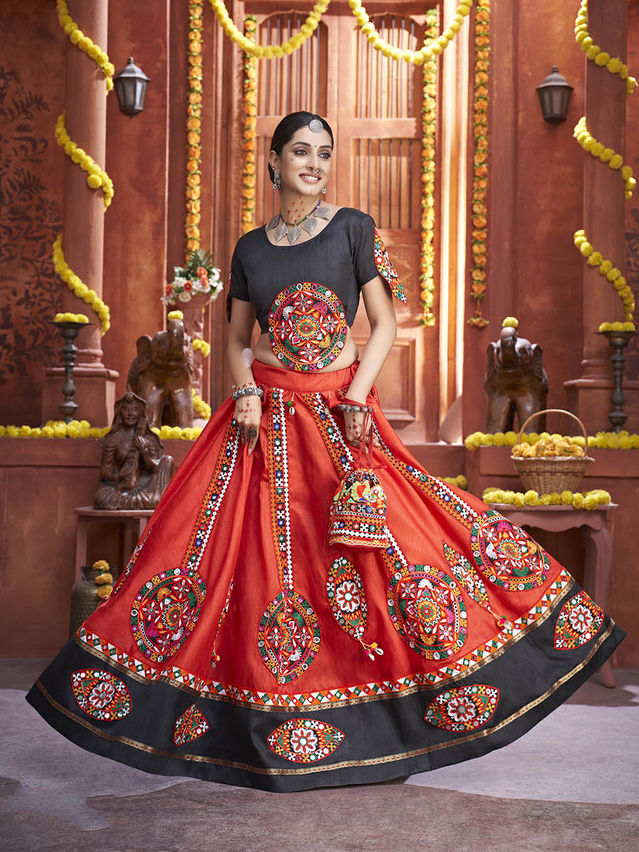 Buy RIBADIYA BROTHERS Navratri Multi-Designer Gamthi Lehenga Choli With  Heavy Thread Work And Matching Georgette Dupatta With Printed Gamthi Work  (With Tassels) Border For Women at Amazon.in