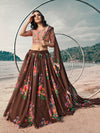 Brown Organza Printed & Embroidered Lehenga