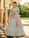 Sea Blue Organza Embroidered Lehenga Choli