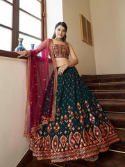 Green and Deep Pink Georgette Embroidered Party Wear Lehenga